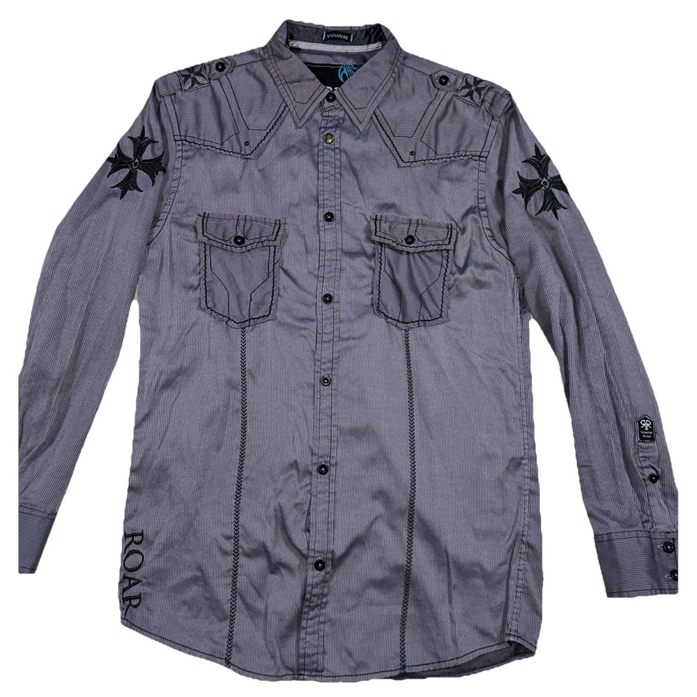 Roar Spectrum Mens L Western Button Up Pocket Light Purple‎ Gray Stripe Tribal